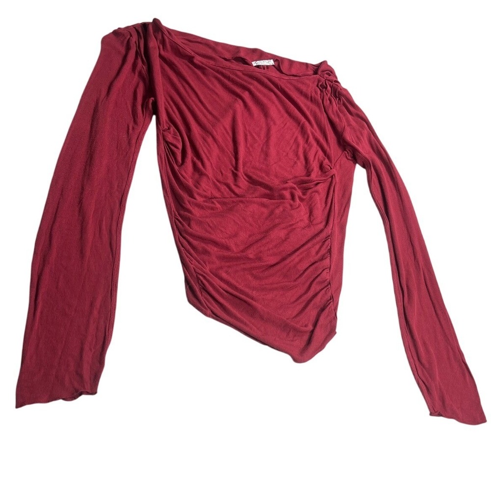 Intimately Free People Small Red Ruched Long Sleeve Slouchy Off Shoulder Top